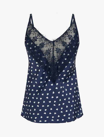 Caraco imprimé coeurs à dentelle au dos - Marine - 2