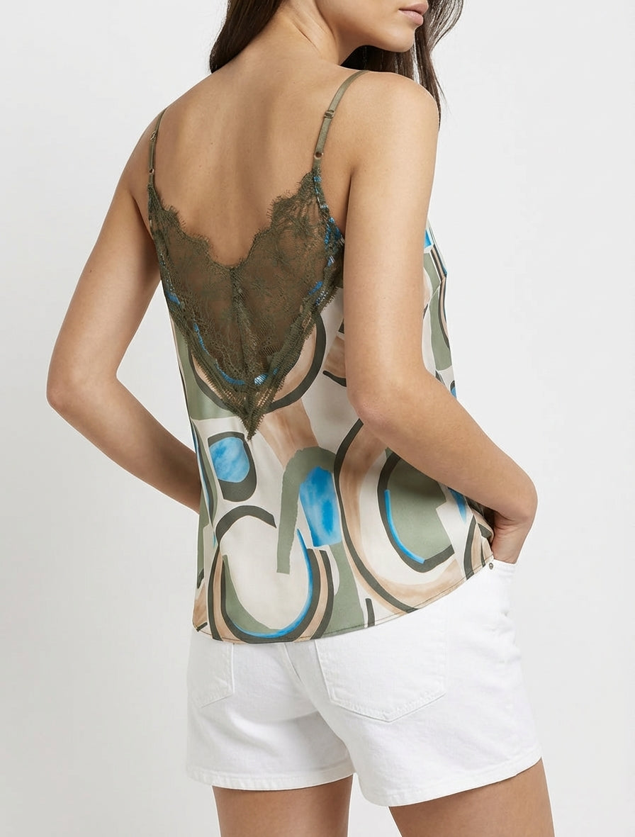 Abstracte print caraco met kanten rug - Kaki