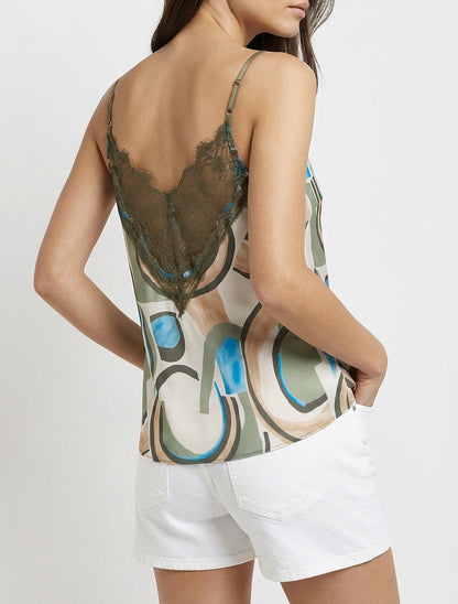 Abstracte print caraco met kanten rug - Kaki