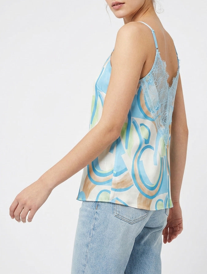 Abstracte print caraco met kanten rug - Lichtblauw
