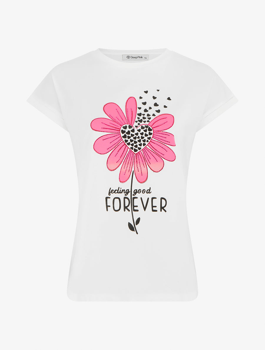 T-shirt à strass et flocage fleur - Blanc