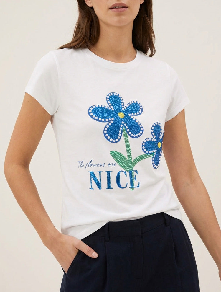 T-shirt à strass et fleurs - Blanc