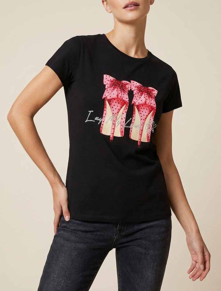 T-shirt à strass et motif stiletto - Noir