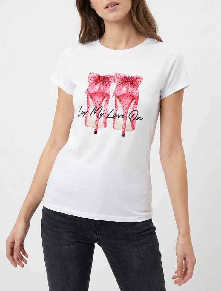 T-shirt à strass et motif stiletto - Blanc