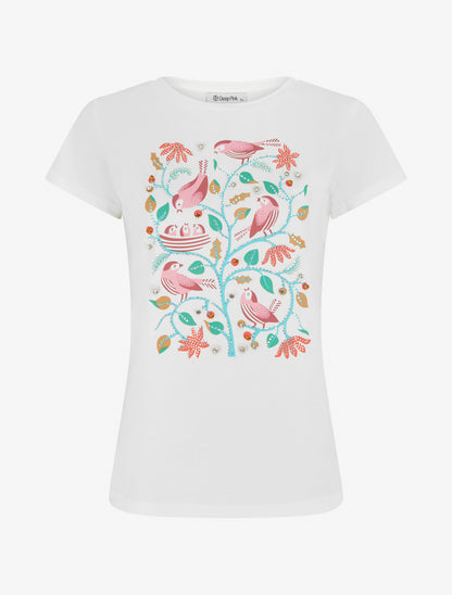 T-shirt à strass et flocage oiseaux - Blanc - 1