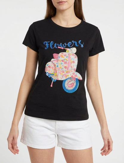T-shirt à motif scooter strassé - Noir