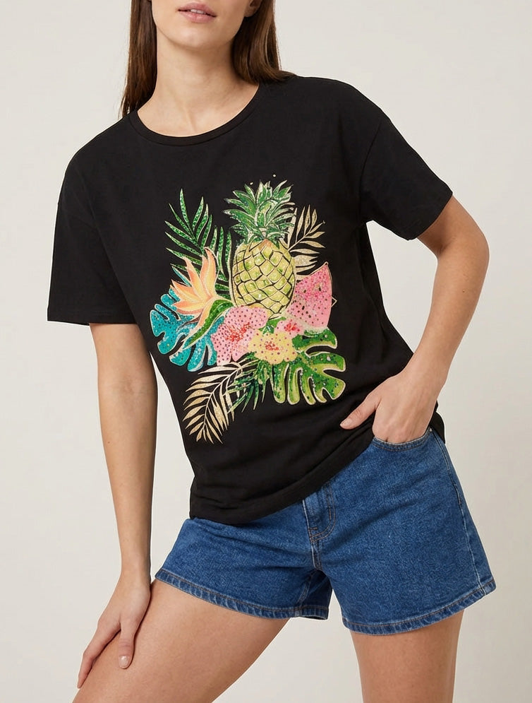 T-shirt imprimé fruits et strass - Noir
