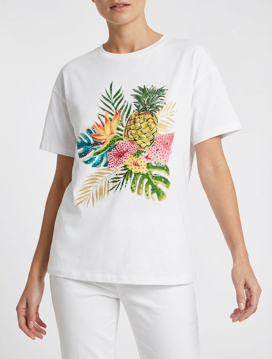 T-shirt met fruitenprint en strass. - Wit
