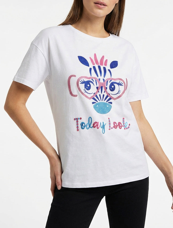 T-shirt imprimé girafe strassé - Blanc