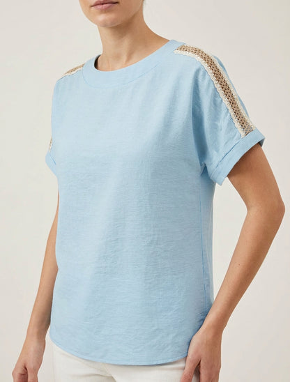 Top manches courtes à broderies ajourés - Bleu ciel