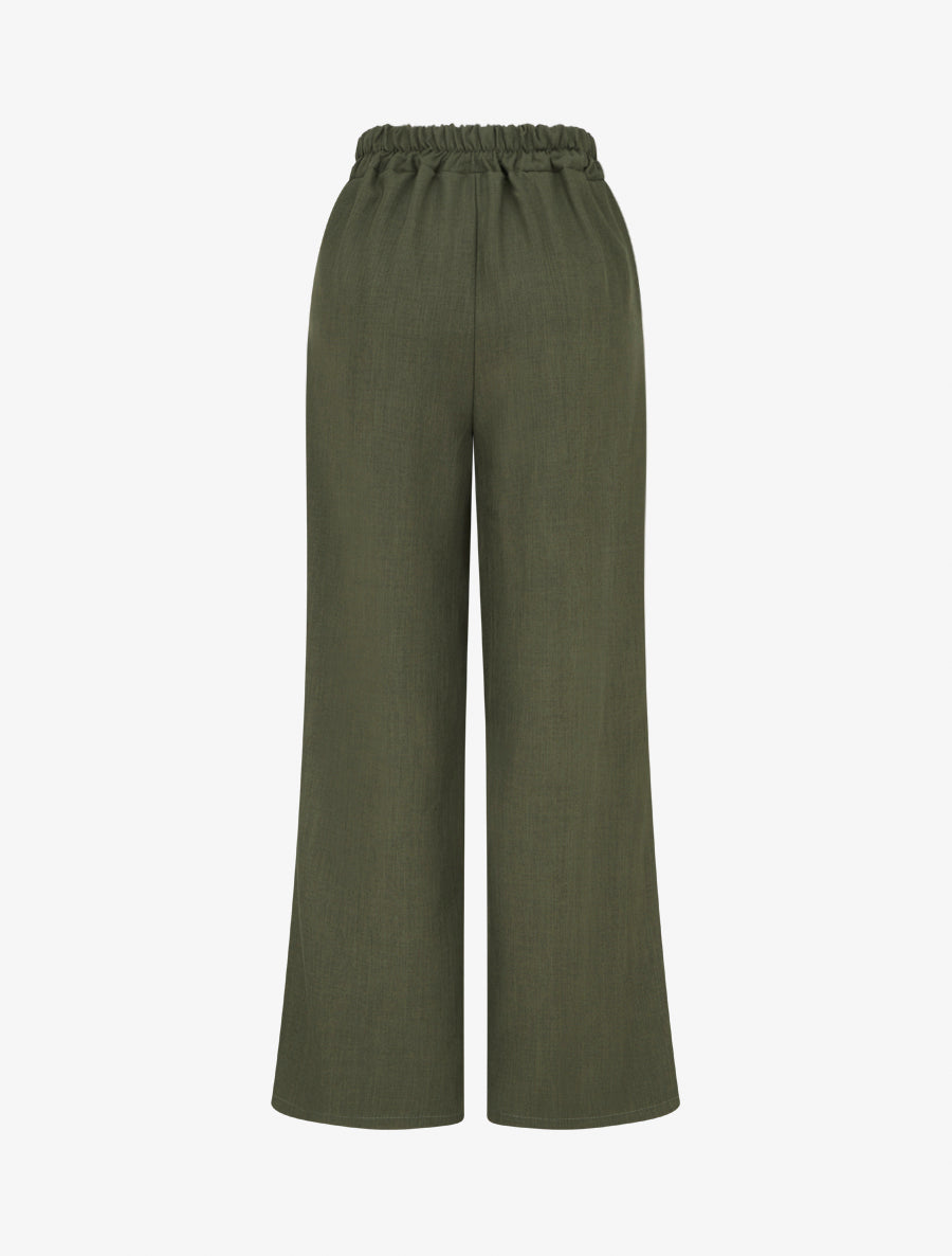 Pantalon fluide unie à taille haute - Kaki - 2