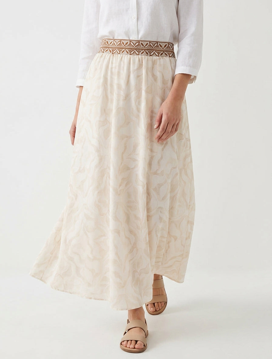 Jupe fluide longue à imprimé feuillage stylisé - Beige