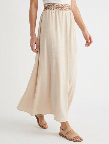 Lange vloeiende rok met bedrukt patroon - Beige