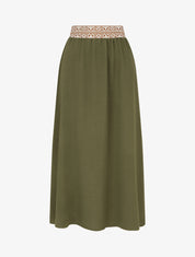 Jupe fluide longue à bande imprimé - Kaki - 1