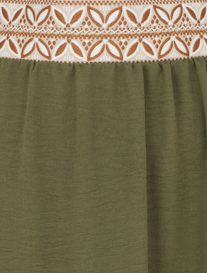 Jupe fluide longue à bande imprimé - Kaki - 3