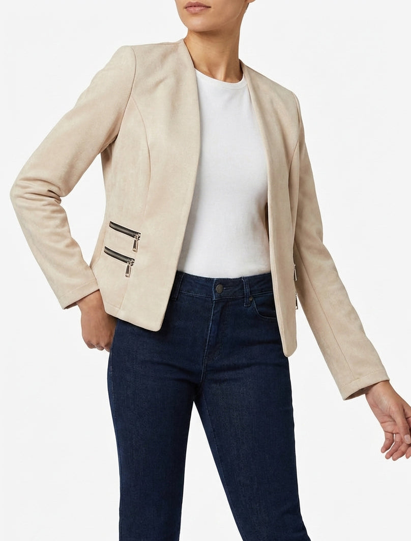 Suède jasje met decoratieve ritszakken - Beige