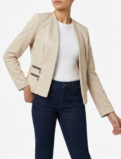 Suède jasje met decoratieve ritszakken - Beige