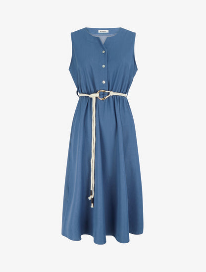 Robe longue unie à taille élastiquée - Bleu - 1
