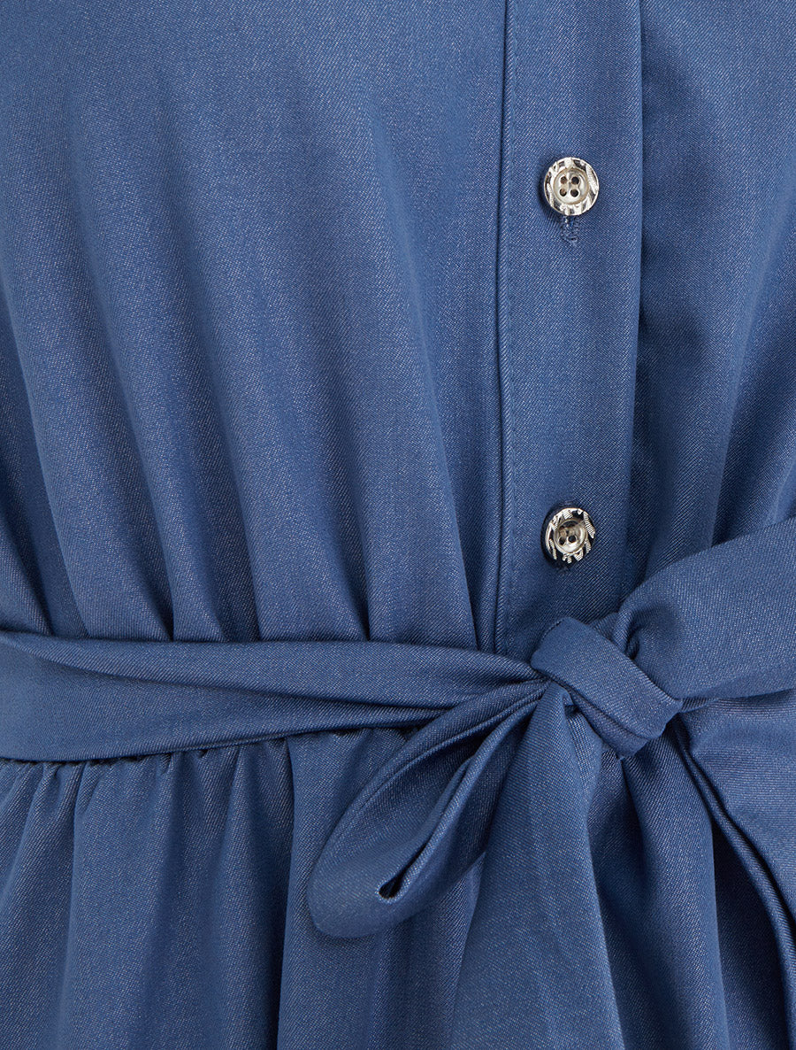 Robe unie élastiquée à buste boutonné - Bleu - 3