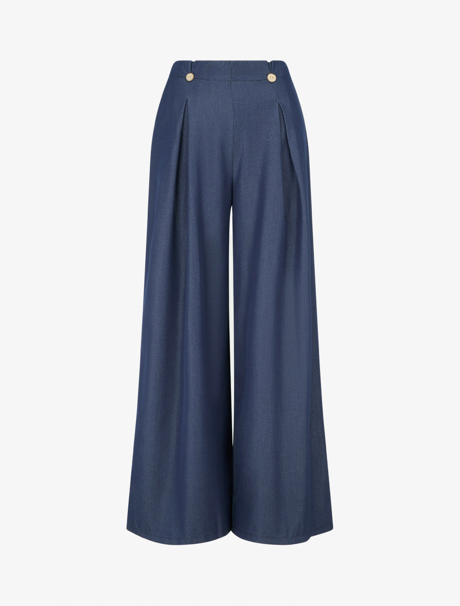 Pantalon fluide uni à pont - Bleu brut - 1