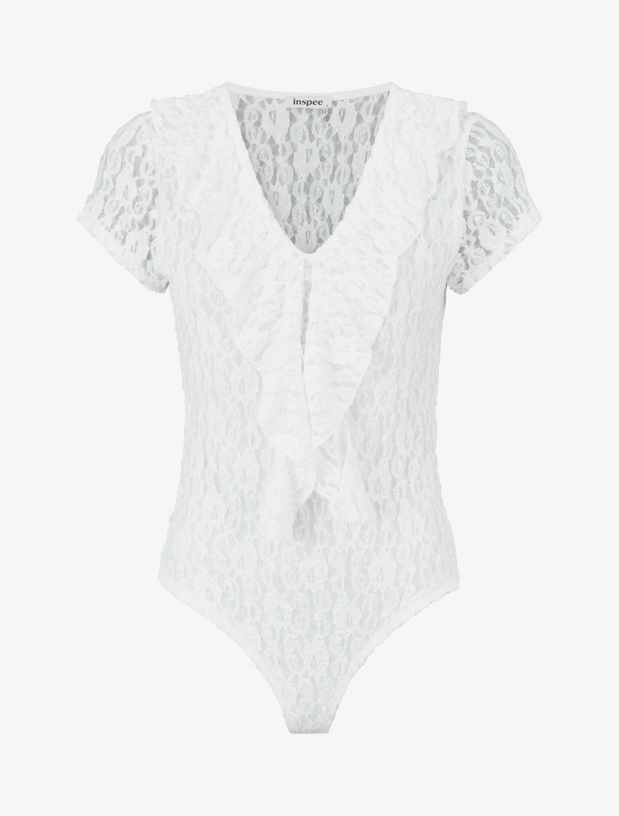 Body uni en dentelle à col volanté - Blanc - 1