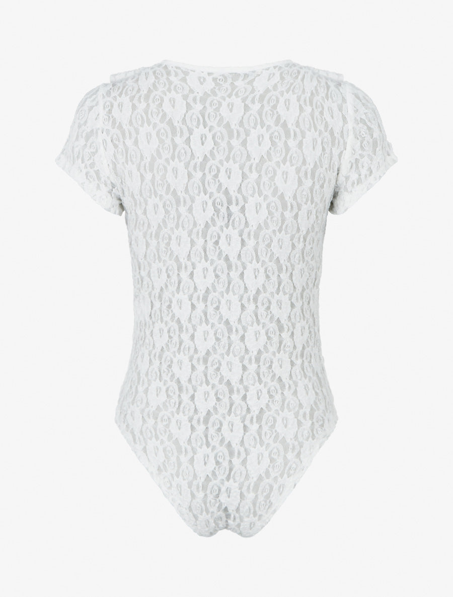 Body uni en dentelle à col volanté - Blanc - 2