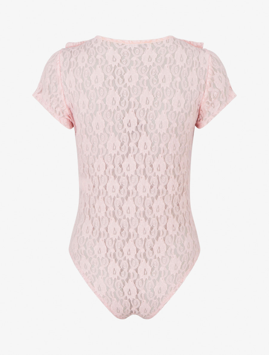 Body uni en dentelle à col volanté - Rose - 2