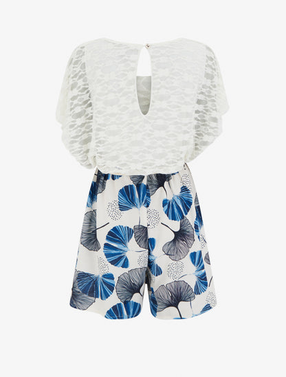 Combishort imprimé ginko à buste en dentelle - Marine - 2