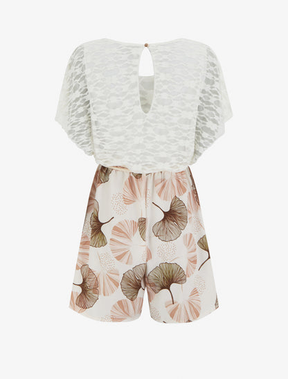 Combishort imprimé ginko à buste en dentelle - Camel - 2