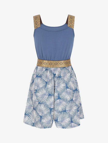 Combishort imprimé feuilles à bretelles fantaisies - Bleu - 2