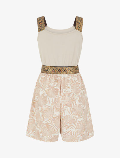 Combishort imprimé feuilles à bretelles fantaisies - Beige - 2