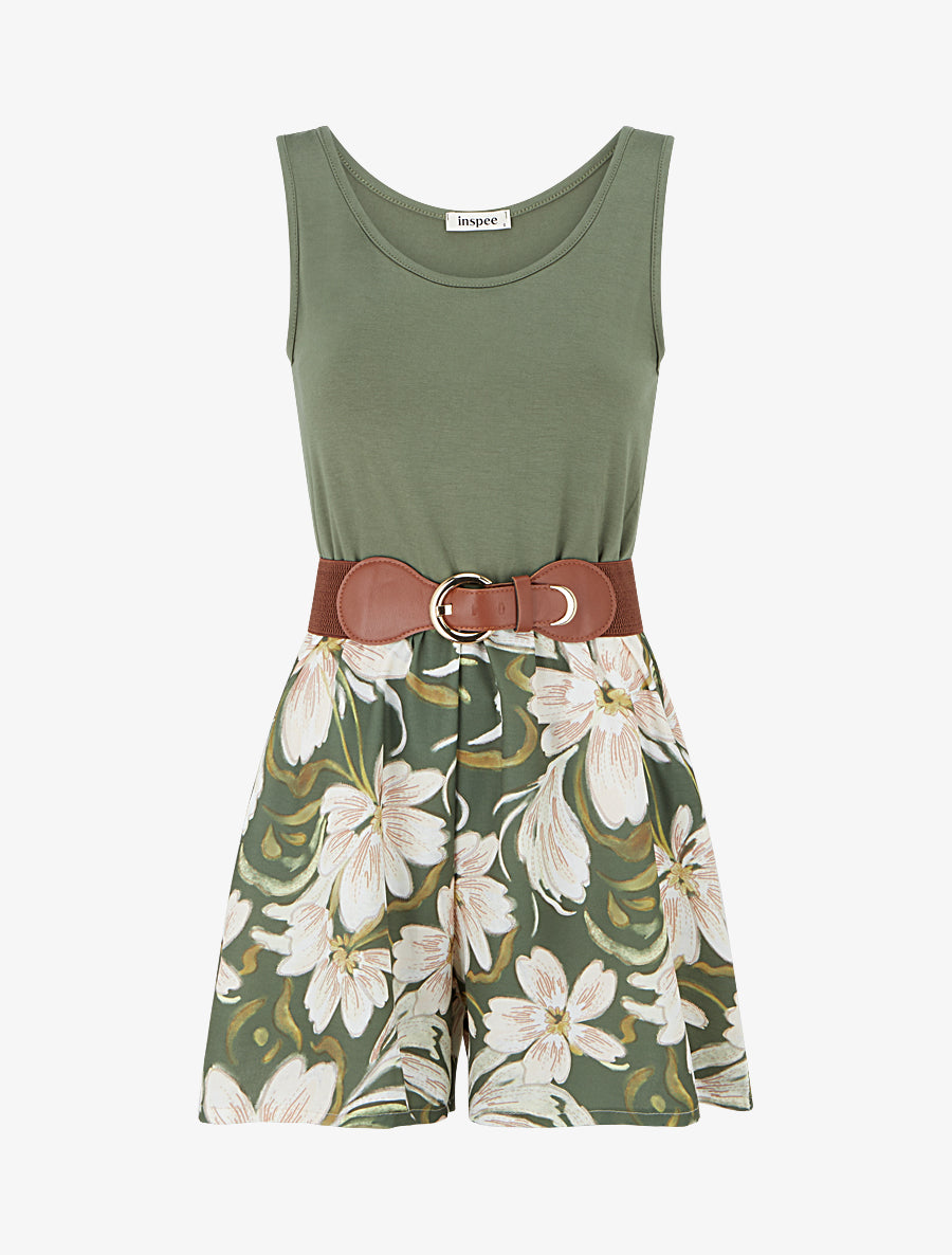 Combishort ceinturé à imprimé floral - Kaki - 1