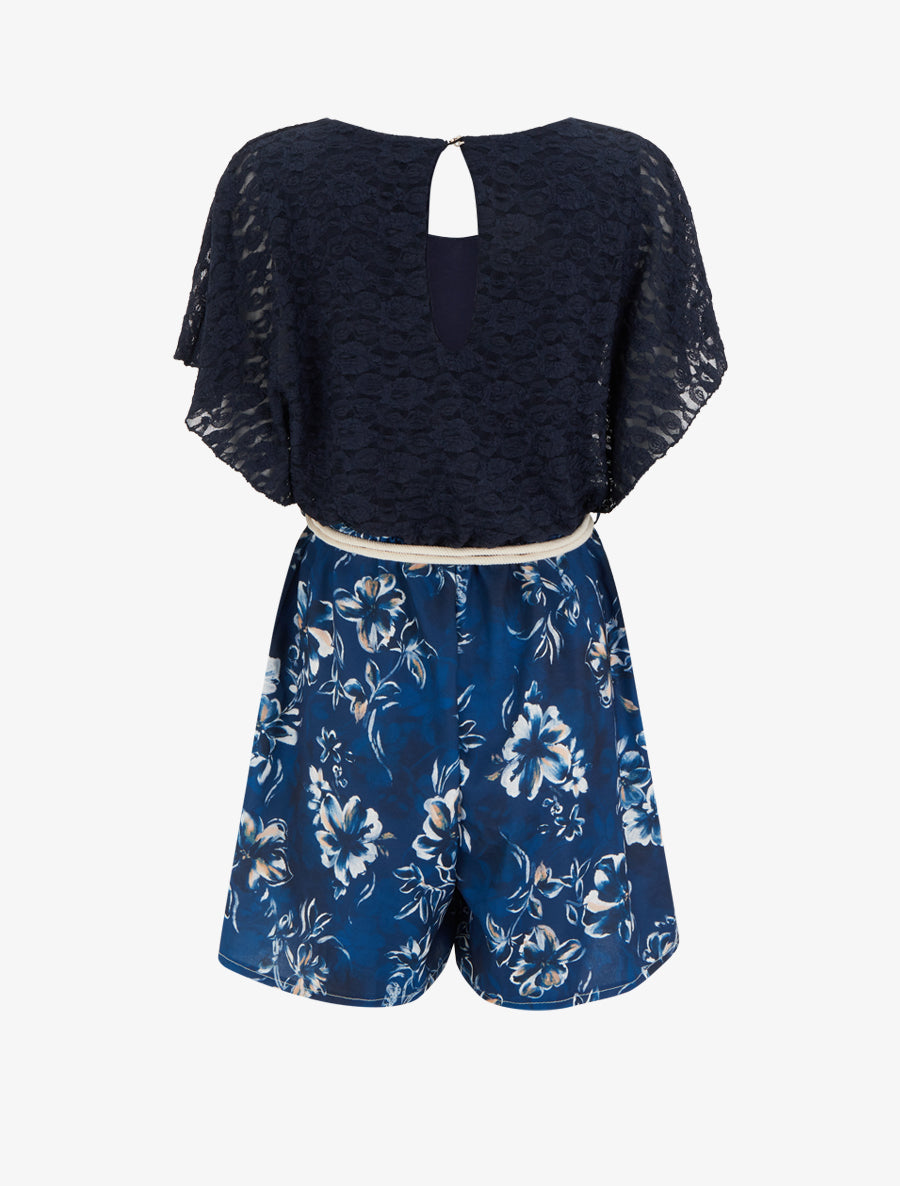 Combishort imprimé floral à buste en dentelle - Marine - 2