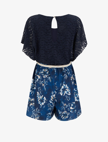 Combishort imprimé floral à buste en dentelle - Marine - 2