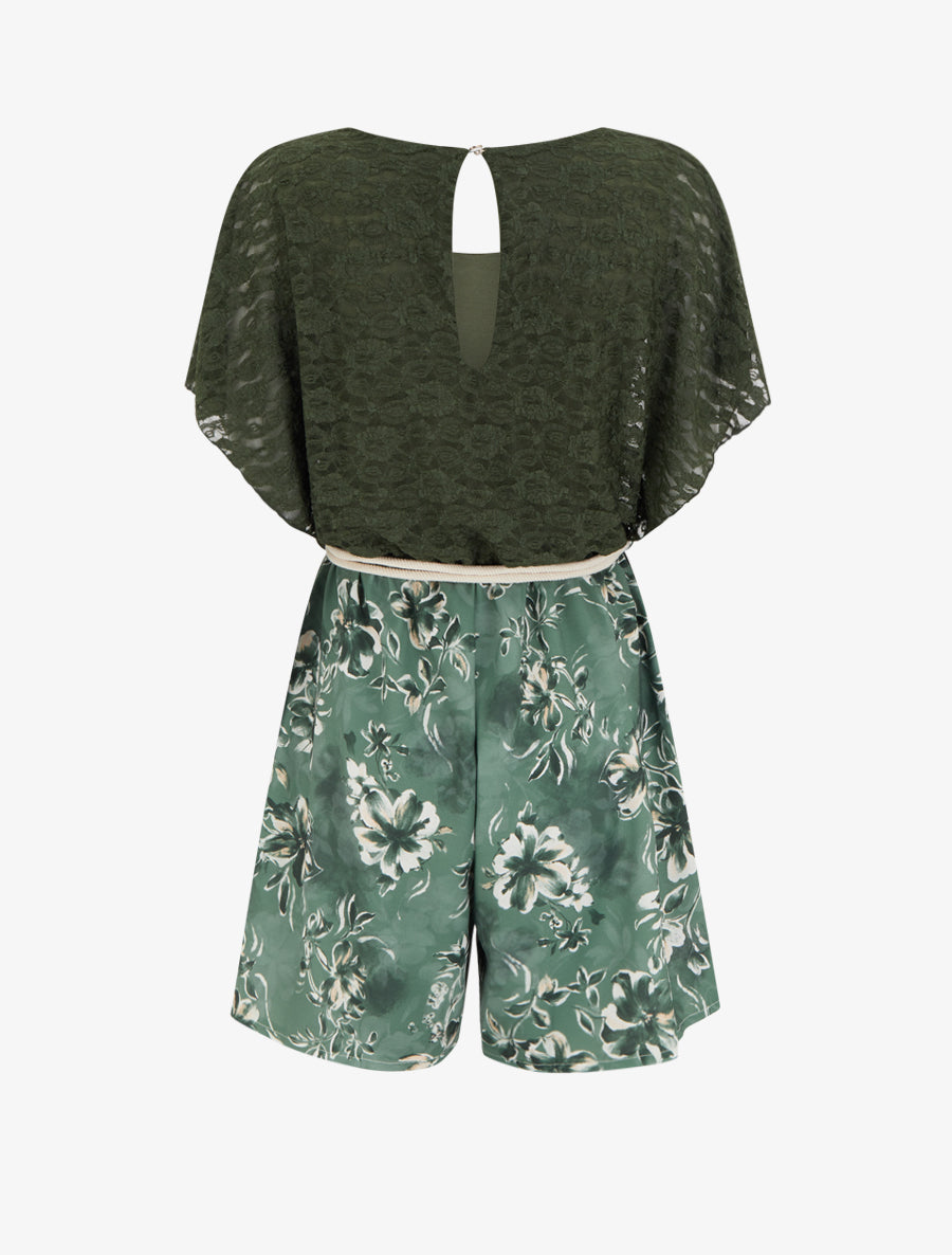 Combishort imprimé floral à buste en dentelle - Kaki - 2