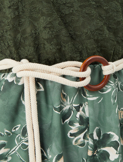 Combishort imprimé floral à buste en dentelle - Kaki - 3