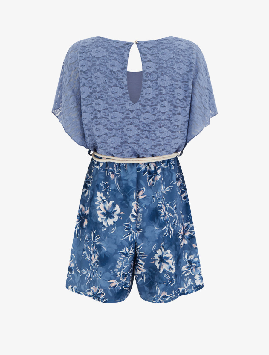 Combishort imprimé floral à buste en dentelle - Bleu - 2
