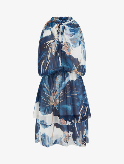 Robe imprimé floral à taille élastiquée - Marine - 1