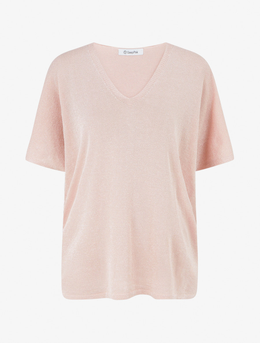 Top ample manches courtes en maille fine irisée - Rose - 1