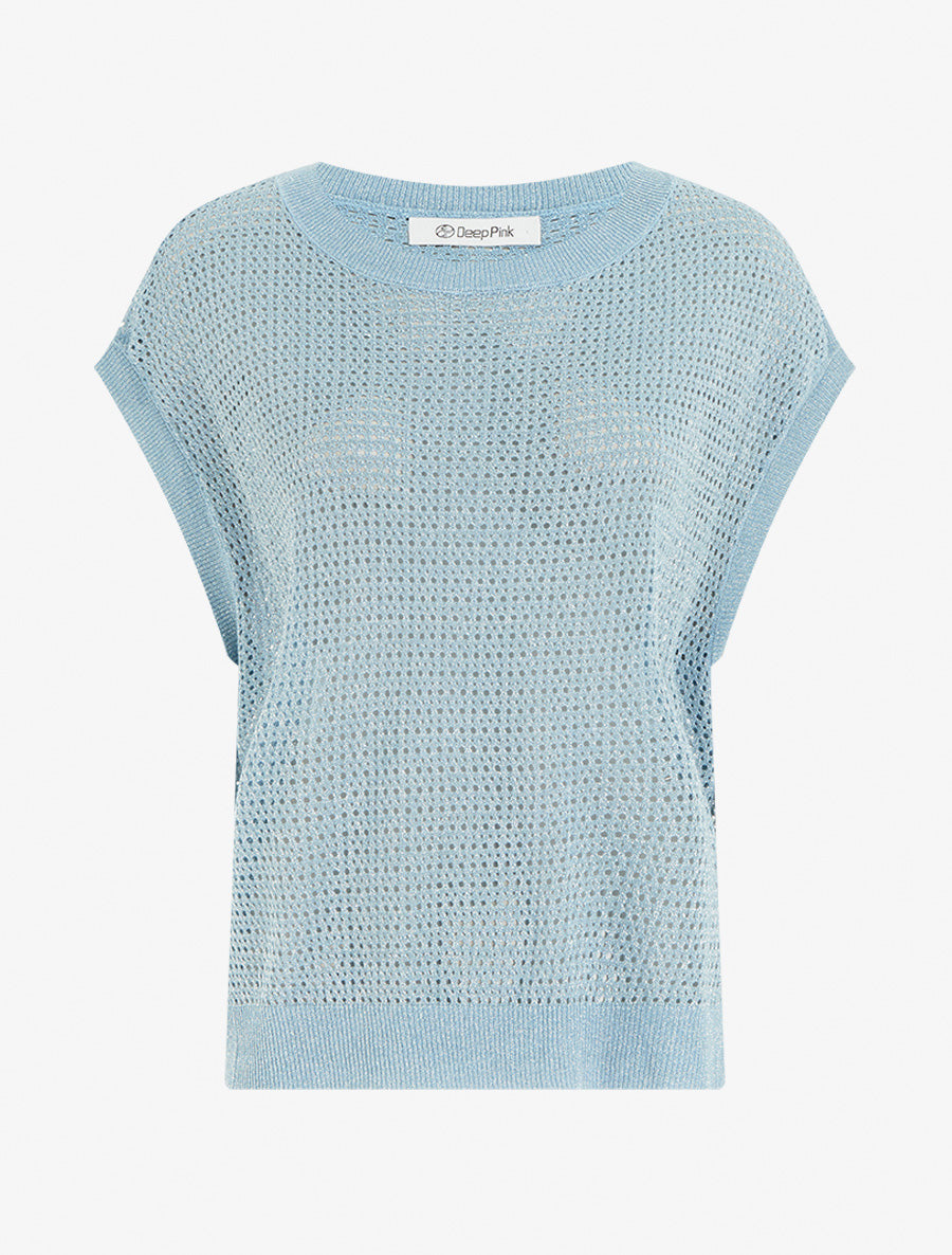Top en maille fine ajouré et irisé - Bleu ciel - 1