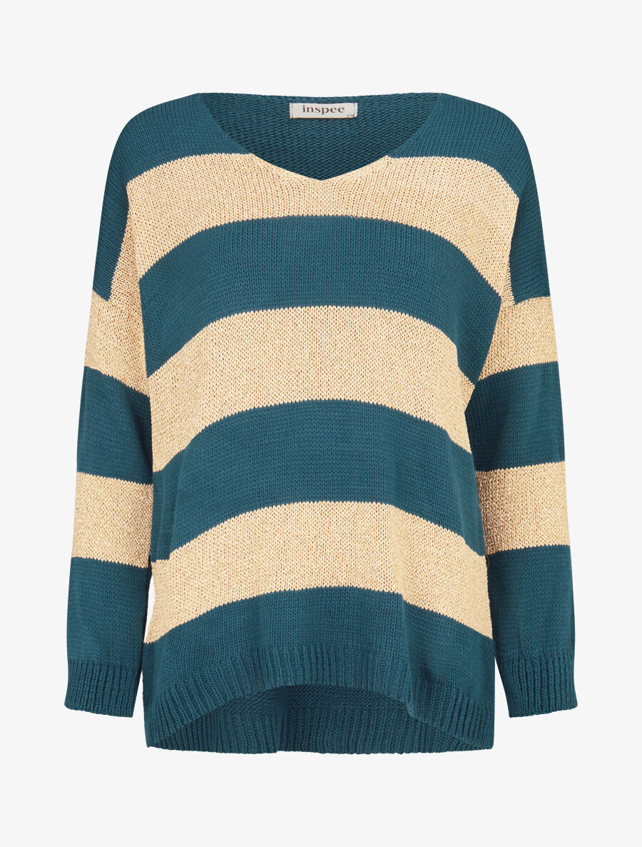 Pull en maille à bandes dorées - Bleu pétrole - 1