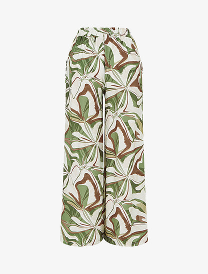 Pantalon imprimé abstrait à taille haute élastiquée - Kaki - 2