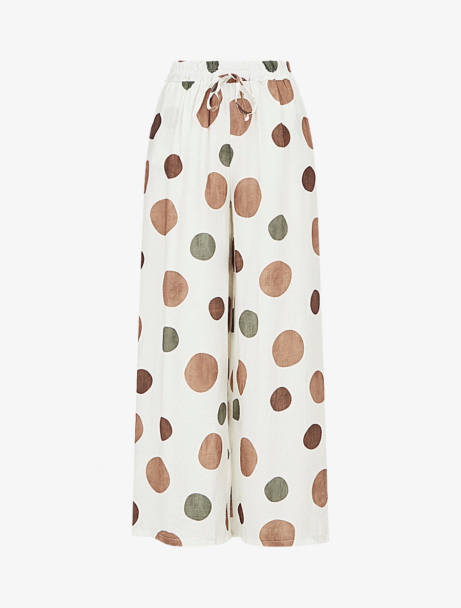Pantalon imprimé ronds à taille haute élastiquée - Écru - 1