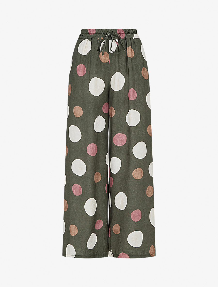 Pantalon imprimé ronds à taille haute élastiquée - Kaki - 1