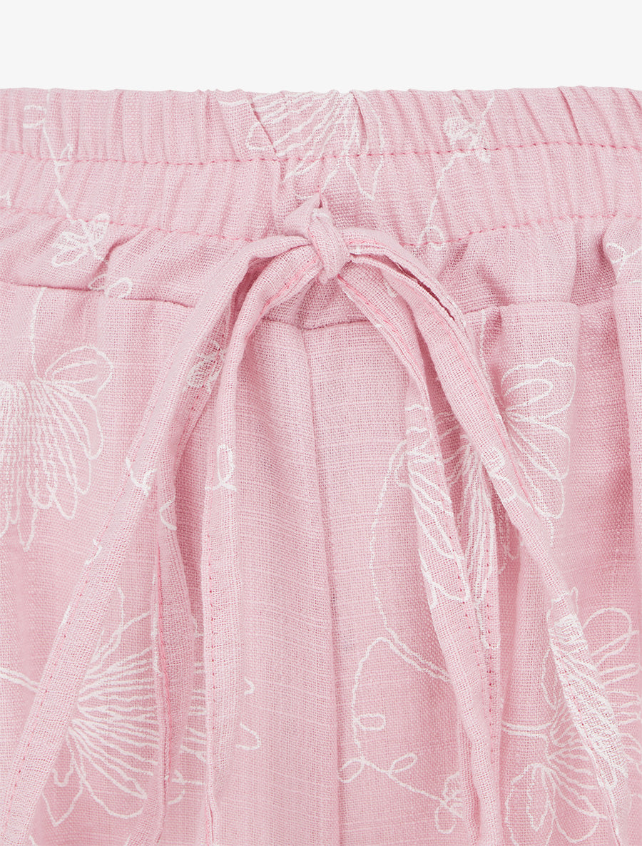 Pantalon en lin à broderie floral - Rose - 3