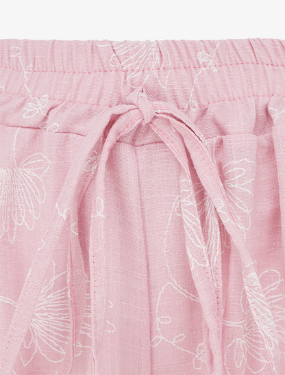 Pantalon en lin à broderie floral - Rose - 3