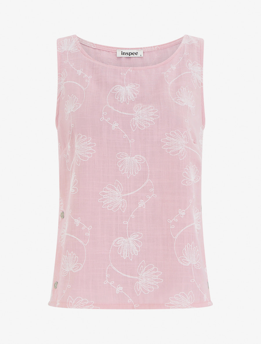 Top en lin à broderie floral - Rose - 1