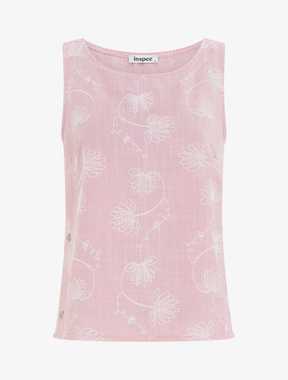 Top en lin à broderie floral - Rose - 1