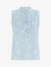 Top en lin boutonné à broderie floral - Bleu ciel - 1