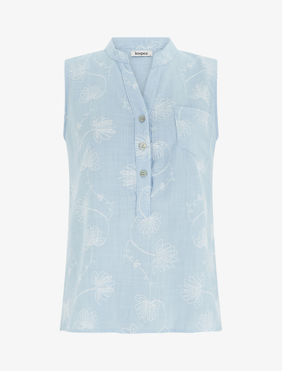 Top en lin boutonné à broderie floral - Bleu ciel - 1